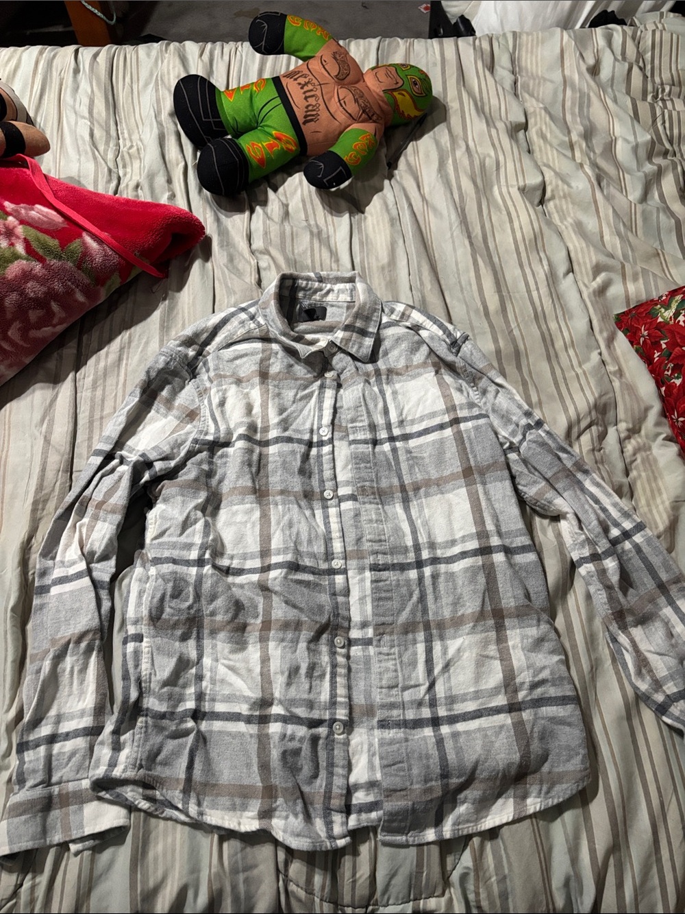 H&M White, Gray and Brown Plaid Button-Up Shirt
